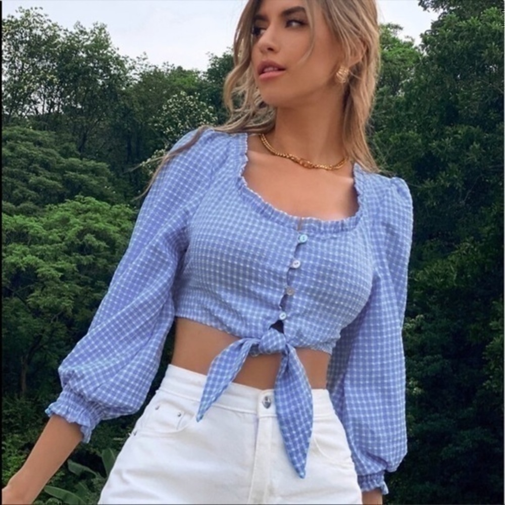 ZARA crop tie front gingham blue top 4387/057